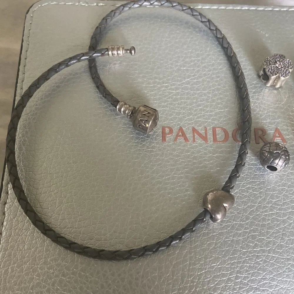 Pandora silver gray bracelet 7 pendants and box
